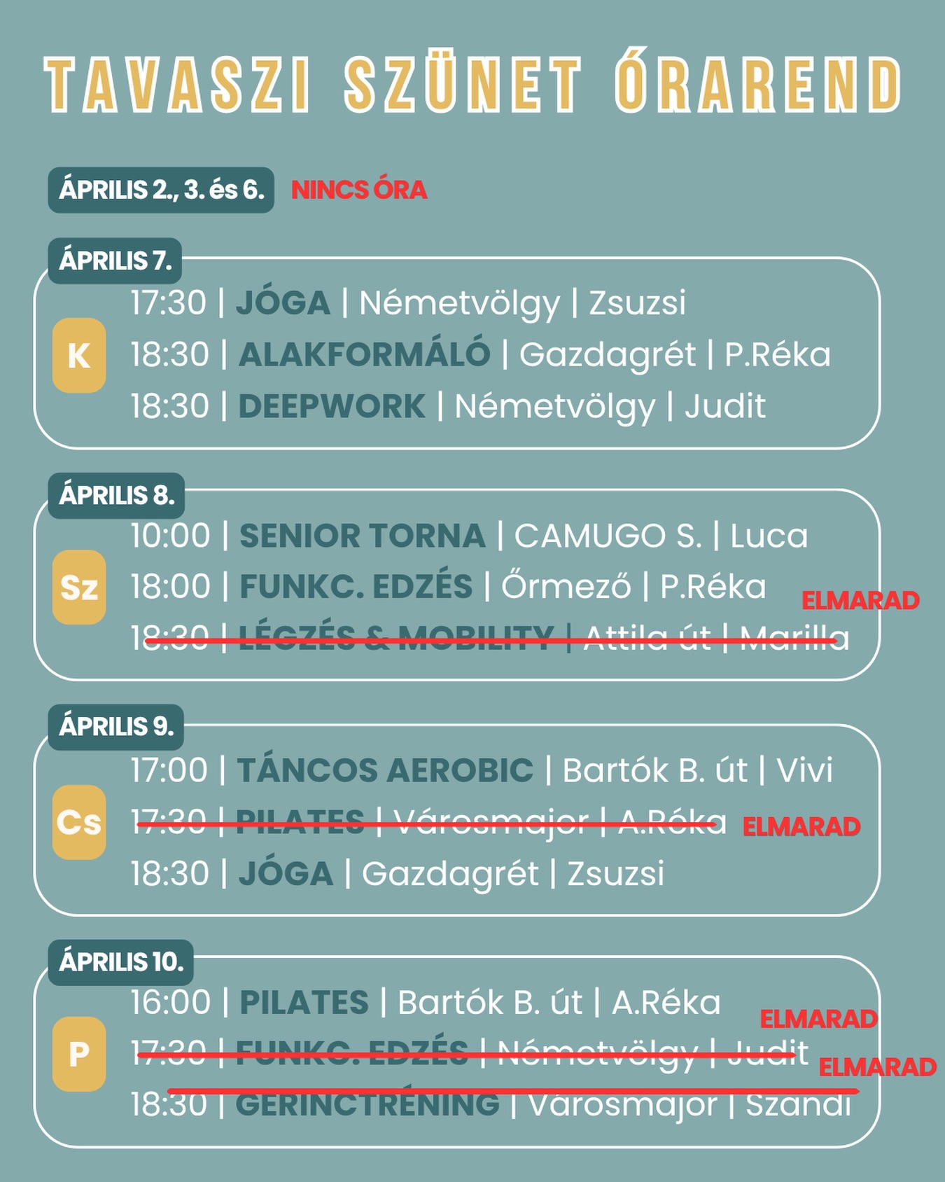 Tavaszi szüneti órarend változások – fontos információk!
